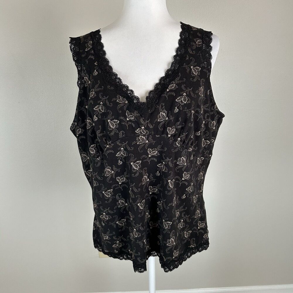 Size 2X Tank Top Floral Lace Trim Babydoll Cottage Black V-neck Vintage Cami Y2K